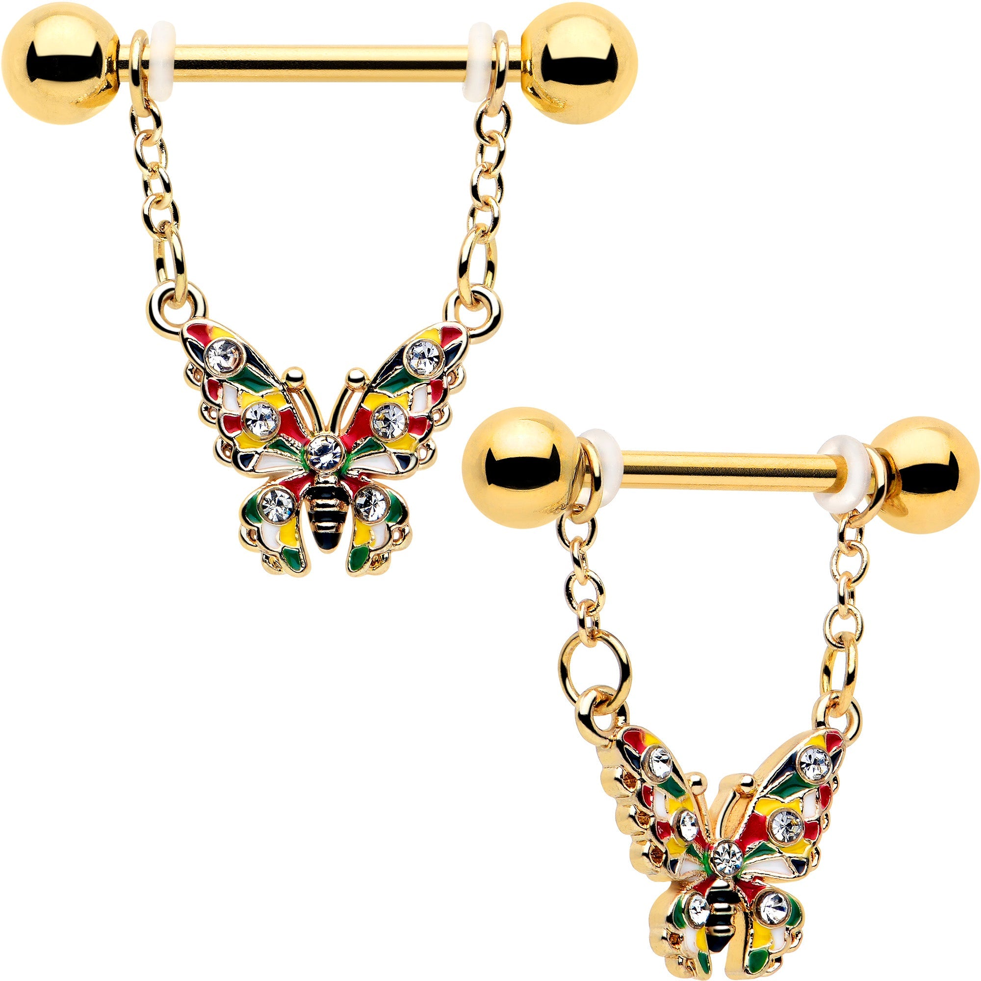 14G 9/16 Clear Gem Gold Tone Color Block Butterfly Dangle Nipple Ring Set